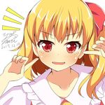  blonde_hair fangs flandre_scarlet hair_ribbon looking_at_viewer open_mouth red_eyes ribbon side_ponytail smile solo touhou upper_body yuimari 