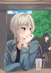  anastasia_(idolmaster) blue_sky blurry cloud coffee_cup cup day depth_of_field disposable_cup hand_to_own_mouth highres idolmaster idolmaster_cinderella_girls jacket jewelry long_sleeves necklace nigo_(aozoragarou) open_clothes open_jacket shirt short_hair silver_hair sky smile solo_focus 