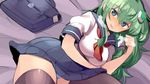  akuma alternate_costume bad_id bad_twitter_id bag black_legwear blue_eyes blue_panties blush breath dutch_angle frog_hair_ornament full-face_blush green_hair hair_ornament hair_tubes kochiya_sanae long_hair lying on_side open_mouth panties pantyshot pleated_skirt school_bag school_uniform serafuku shirt short_sleeves skirt smile snake_hair_ornament solo thighhighs touhou underwear 