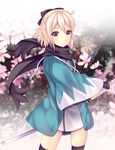  black_legwear black_ribbon black_scarf blonde_hair fate_(series) hair_ornament hair_ribbon japanese_clothes katana koha-ace looking_at_viewer okita_souji_(fate) okita_souji_(fate)_(all) ribbon saotome_mirai scarf shinsengumi solo sword thighhighs weapon 