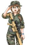  bad_id bad_pixiv_id boonie_hat brown_hair camouflage combat_shirt dutchko green_eyes gun m110_sass marpat military military_uniform open_mouth original patches rifle salute scrunchie simple_background sniper_rifle solo uniform weapon white_background wristband 