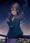  achiki bangs black_skirt blurry blurry_background brown_eyes brown_hair can commentary_request depth_of_field eyebrows_visible_through_hair falling_star fur-trimmed_jacket fur_trim green_jacket hair_between_eyes holding holding_can jacket leaning_on_rail long_sleeves looking_at_viewer night night_sky open_clothes open_jacket original railing shirt skirt sky sleeves_past_wrists solo standing star_(sky) starry_sky white_shirt 