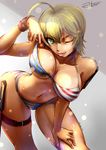  absurdres ahoge american_flag_bikini areola_slip areolae bikini blonde_hair breasts buckle collarbone flag_print green_eyes highres jo-ker_(578569602) kitchen_knife large_breasts leaning_forward leg_belt licking_lips lips looking_at_viewer mito_ikumi navel one_eye_closed shokugeki_no_souma short_hair solo stomach swimsuit thigh_strap tongue tongue_out unaligned_breasts underboob 