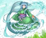  blue_eyes blue_hair blush breasts bubble commentary_request curly_hair fish floral_print frilled_kimono frills huge_breasts japanese_clothes kimono light_reflection_(water) long_sleeves looking_at_viewer mermaid monster_girl obi open_hands ribbon sash seaweed signature smile solo sparkle touhou umigarasu_(kitsune1963) underwater wakasagihime water wide_sleeves 