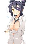  bad_id bad_pixiv_id blush breast_hold breasts chestnut_mouth eyepatch headgear kankitsunabe_(citrus) kantai_collection naked_shirt necktie open_clothes open_shirt purple_hair shirt solo tenryuu_(kantai_collection) upper_body white_background yellow_eyes 
