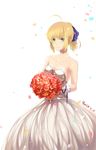  absurdres ahoge artist_name artoria_pendragon_(all) blonde_hair blue_ribbon breasts cleavage dated dress elbow_gloves fate/stay_night fate_(series) flower gloves green_eyes hair_ribbon highres holding holding_flower jewelry looking_at_viewer medium_breasts necklace ponytail ribbon saber sideboob solo strapless strapless_dress white_background white_dress yurix 