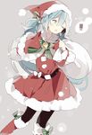  1girl ;o aqua_eyes aqua_hair bell bell_collar belt black_legwear boots collar fur fur_trim hat hatsune_miku holly knee_boots long_hair long_sleeves looking_to_the_side one_eye_closed open_mouth over_shoulder pantyhose red_footwear red_skirt ribbon sack santa_boots santa_costume santa_hat simple_background skirt solo star twintails vocaloid youshun_(sugafo) 