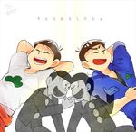  anubisu-no-sinpan arm_behind_head arms_behind_head brothers child closed_eyes clothes_around_waist dated dual_persona heart heart_in_mouth jumpsuit lying male_focus matching_outfit matsuno_karamatsu matsuno_osomatsu monochrome multiple_boys on_back osomatsu-kun osomatsu-san sextuplet_(osomatsu-kun) siblings simple_background sleeves_rolled_up smile twitter_username v-neck white_background wing_collar 