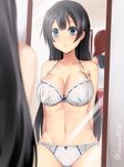  agano_(kantai_collection) black_hair blue_eyes blush bow bow_bra bow_panties bra breasts brown_hair cleavage gloves grey_bra grey_panties groin highres jpeg_artifacts kantai_collection lace lace-trimmed_panties large_breasts long_hair mirror multiple_girls navel noshiro_(kantai_collection) panties reflection sakiryo_kanna solo_focus standing stomach underwear underwear_only wide_hips 