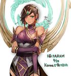  armor bare_shoulders blush breasts brown_hair cowboy_shot dress elbow_gloves fingerless_gloves gloves green_eyes hair_tubes injury karma_(league_of_legends) komecchi large_breasts league_of_legends looking_at_viewer magic one_eye_closed purple_dress short_hair sidelocks simple_background solo tiara torn_clothes underbust white_background wince 