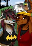  anthro breasts brown_fur brown_hair canine clothed clothing crescent0100 duo facial_piercing fangs female floppy_ears fur grey_fur grey_hair hair half-closed_eyes hat lip_piercing mammal multicolored_hair outside phone piercing selfie smile teeth tongue tongue_out two_tone_hair wolf 