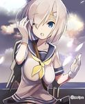  amripo blue_eyes breasts commentary_request gloves hair_ornament hair_over_one_eye hairclip hamakaze_(kantai_collection) kantai_collection large_breasts looking_at_viewer open_mouth school_uniform serafuku short_hair short_sleeves silver_hair solo white_gloves white_hair 