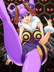  antennae bare_shoulders bee_girl breasts commentary_request honeycomb_(pattern) honeycomb_background index_finger_raised insect_girl large_breasts leg_up leotard maximum_tokio monster_girl open_mouth pantyhose purple_eyes purple_hair purple_legwear purple_leotard q-bee short_hair solo vampire_(game) wings 