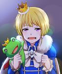  blonde_hair blush cape crown earrings idolmaster idolmaster_side-m jewelry kaerre male_focus ootokage_(big-lezard07) open_mouth otoko_no_ko pierre_(idolmaster) purple_eyes smile solo stuffed_animal stuffed_frog stuffed_toy sweat 