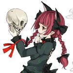  animal_ears bow braid cat_ears extra_ears hair_bow highres holding_skull kaenbyou_rin kou_mashiro red_eyes red_hair simple_background skull smile solo touhou twin_braids white_background 