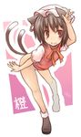  animal_ears bottomless brown_eyes brown_hair cat_ears cat_tail character_name chen ear_piercing hat mob_cap multiple_tails nekomata nikubanare no_panties piercing solo tail touhou two_tails v 