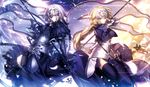  armor armored_dress blonde_hair blue_eyes braid breasts capelet dress dual_persona fate/apocrypha fate/grand_order fate_(series) faulds flag gauntlets headpiece highres jeanne_d'arc_(alter)_(fate) jeanne_d'arc_(fate) jeanne_d'arc_(fate)_(all) long_hair md5_mismatch medium_breasts multiple_girls purple_eyes shinooji single_braid thighhighs 