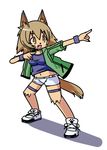  animal_ears brown_eyes brown_hair claws dog_ears dog_tail fang full_body fur furry highres kobold monster_girl monster_musume_no_iru_nichijou navel polt pose rolf_(artist) shadow simple_background solo sweatband tail usain_bolt white_background 