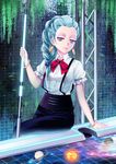  absurdres blue_hair braid death_parade earrings hair_over_shoulder highres huge_filesize jewelry looking_at_viewer nona_(death_parade) purple_eyes smile solo yoneyu 