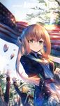  america american_flag arm_up back bangs belt blonde_hair blurry blush brown_hair building closed_mouth collared_shirt copyright_name dutch_angle flag girls_frontline green_eyes hair_ornament hat hat_removed headwear_removed heiwari_kanade highres jacket long_hair long_sleeves m1903_springfield_(girls_frontline) military military_uniform multiple_boys outdoors sam_browne_belt shirt signature sky smile solo_focus tree uniform 