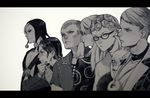  curly_hair formaggio ghiaccio glasses greyscale hand_on_own_chin hat illuso jacket jewelry jojo_no_kimyou_na_bouken letterboxed long_hair male_focus mask melone monochrome multiple_boys necklace pesci prosciutto risotto_nero toshiki 