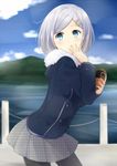  alternate_costume bad_id bad_nicoseiga_id bangs blue_eyes blue_sky blurry blush can canned_coffee casual checkered checkered_skirt cloud cowboy_shot day depth_of_field fur_coat hair_ornament hairclip hamakaze_(kantai_collection) hand_on_own_face highres kantai_collection looking_away outdoors pantyhose pleated_skirt short_hair silver_hair skirt sky solo swept_bangs winter_clothes yukichi_(eikichi) 