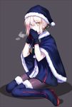  alternate_costume artoria_pendragon_(all) black_footwear black_gloves black_legwear blonde_hair blue_santa_costume boots bow bowtie breath cape christmas covering_mouth dress fate/grand_order fate_(series) full_body fur-trimmed_boots fur_boots fur_trim gloves hair_bow hair_ribbon hat highres hujitaumi long_hair pantyhose pom_pom_(clothes) ribbon santa_alter santa_costume santa_hat shadow short_dress simple_background sitting solo striped striped_bow striped_neckwear thigh_boots thighhighs wariza yellow_eyes 