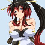  black_hair blue_eyes breasts cleavage closed_mouth detached_sleeves dress embarrassed hair_between_eyes highres large_breasts long_hair looking_at_viewer multicolored_hair nanbu_kaguya ponytail red_hair samurai_(movemusic) solo strapless strapless_dress super_robot_wars super_robot_wars_og_saga_mugen_no_frontier two-tone_hair 