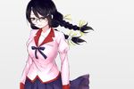  bakemonogatari black_hair braid breasts glasses hair_ornament hair_tie hairclip hanekawa_tsubasa large_breasts long_hair looking_down megane_shinchuu monogatari_(series) pleated_skirt purple_eyes ribbon skirt solo twin_braids upper_body 