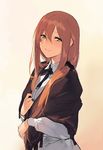  blush brown_hair closed_mouth collared_shirt commentary_request dress_shirt duoyuanjun eyebrows eyebrows_visible_through_hair girls_frontline gradient gradient_background green_eyes hair_between_eyes hair_ornament hair_scrunchie hand_on_own_chest head_tilt long_hair long_sleeves looking_at_viewer m1903_springfield_(girls_frontline) narrowed_eyes neck_ribbon open_mouth ribbon scrunchie shawl shirt smile solo tied_hair upper_body wing_collar 