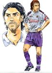  acf_fiorentina bandaid beard black_hair bracelet brown_eyes brown_hair emblem face facial_hair gabriel_batistuta hands_on_hips highres italy jewelry kneehighs multiple_boys mutsuki_hiro nintendo open_mouth real_life ring rui_costa short_hair shorts simple_background soccer soccer_uniform sportswear standing white_background 