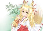  animal_ears blonde_hair fox_ears fox_tail hair_ribbon hakama haori highres japanese_clothes long_hair miko original red_hakama ribbon ribbon-trimmed_sleeves ribbon_trim shika smile solo tail yellow_eyes 