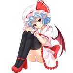  bat_wings black_legwear dress hair_between_eyes hands_clasped hat highres interlocked_fingers junior27016 lavender_hair leg_hug looking_at_viewer mob_cap own_hands_together panties pink_dress pink_panties pointy_ears red_eyes remilia_scarlet short_hair smile solo thighhighs thighs touhou underwear wings 