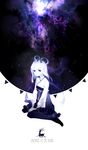  absurdres alternate_color bad_id bad_pixiv_id bow chinese_clothes dress frilled_dress frills hair_bow hair_ornament hanfu highres long_sleeves looking_at_viewer luo_tianyi monochrome nebula short_hair sitting solo space star_(sky) thighhighs vocaloid vocanese wariza yu_jiu 