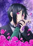  absurdres black_hair black_nails flower highres holding_hand jewelry kuroshitsuji magic_circle male_focus nail_polish pink_flower red_eyes ring sebastian_michaelis smile thumb_ring yoneyu 