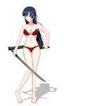  black_hair bra breasts cleavage dual_wielding hair_ribbon holding holding_sword holding_weapon kakumeiki_valvrave long_hair medium_breasts metal_gear_(series) metal_gear_rising:_revengeance navel northman panties purple_eyes red_bra red_panties ribbon rukino_saki simple_background solo sword underwear underwear_only weapon white_background white_ribbon 