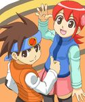  1girl :d brown_eyes brown_hair cowboy_shot headband hikari_netto long_sleeves oekaki official_style open_mouth red_hair rockman rockman_exe sakurai_meiru short_hair skirt smile sp+ spiked_hair thighhighs thumbs_up vest zettai_ryouiki 