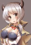  breast_hold breasts brown_eyes camieux capelet cleavage draph fuyuzora granblue_fantasy highres horns large_breasts long_hair long_sleeves looking_at_viewer low_twintails open_mouth silver_hair simple_background solo twintails upper_body wide_sleeves 