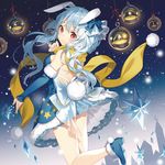  animal_ears backless_outfit bare_shoulders blue_dress bow bunny_ears bunny_tail candle detached_sleeves dress hair_bow long_hair long_sleeves looking_at_viewer looking_back original red_eyes rie_(reverie) scarf silver_hair smile snowing solo tail twintails very_long_hair 