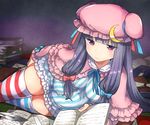  album_cover blush book book_stack cover crescent crescent_hair_ornament hair_ornament hair_ribbon hat ichihaya lying mob_cap on_side patchouli_knowledge purple_eyes purple_hair ribbon solo striped striped_legwear thighhighs touhou vertical_stripes 