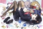  black_hair bow macchiato original pantyhose phone red_eyes seifuku skirt teddy_bear 