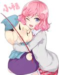  ;d character_name doll_hug highres kofuku kou_mashiro noragami one_eye_closed open_mouth pink_hair short_hair simple_background smile solo white_background 