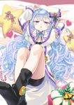  :o arms_up blue_hair bow box candy chestnut_mouth food full_body gift gift_box glint hacka_doll hacka_doll_3 hair_bow half-closed_eyes heart kuroi legs_up long_hair lying male_focus on_back open_mouth opening otoko_no_ko pillow purple_eyes shorts skin_tight socks solo star_pillow sweets very_long_hair 
