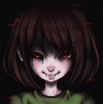  black_blood black_sclera brown_hair chara_(undertale) close-up closed_mouth face glitch green_shirt liquid looking_at_viewer portrait red_eyes shirt short_hair smile smirk solo spoilers static undertale wiki234 