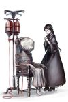  adella_the_nun barefoot black_hair blood bloodborne boots bound capelet dress gloves hands_together high_heel_boots high_heels hospital_gown intravenous_drip long_hair multiple_girls murai_shinobu sack saint_adeline simple_background smile spoilers the_old_hunters tied_up 