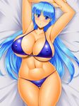  armpits arms_up bed bikini blue_bikini blue_eyes blue_hair blue_hairband breasts cleavage covered_nipples hairband kawanuma_uotsuri large_breasts long_hair looking_at_viewer lying magic_knight_rayearth navel on_back parted_lips ryuuzaki_umi skindentation solo swimsuit 