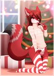  blush brown_hair bulge candy candy_cane canine christmas christmas_tree clothed clothing food fox fur gift girly hair holidays legwear licking looking_at_viewer male mammal multicolored_fur panties re-sublimity-kun red_eyes socks striped_legwear striped_panties stripes sweater tongue tongue_out tree underwear window 
