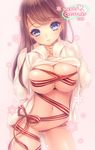  2015 ass_visible_through_thighs bad_id bad_pixiv_id bangs blue_eyes bottomless bow breasts breasts_outside brown_hair cleavage covered_nipples cowboy_shot eyebrows eyebrows_visible_through_hair eyelashes heart large_breasts long_hair long_sleeves merry_christmas momoi_komomo naked_ribbon navel original pink_background ribbon shirt_lift sleeves_rolled_up snowflakes solo speech_bubble striped striped_bow striped_ribbon sweater turtleneck white_sweater 