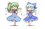  blue_hair bow cirno closed_eyes daitai_konna_kanji daiyousei dancing green_hair hair_bow multiple_girls open_mouth side_ponytail smile touhou wings 