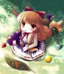  blush bow brown_eyes brown_hair chain food hair_bow highres horns ibuki_suika long_hair looking_at_viewer open_mouth sitting skewer solo touhou yume_shokunin 